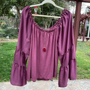 🌺 ANTHROPOLOGIE; Enchanting & Romantic! Merlot-Colored Off Shoulder Top Sz XL